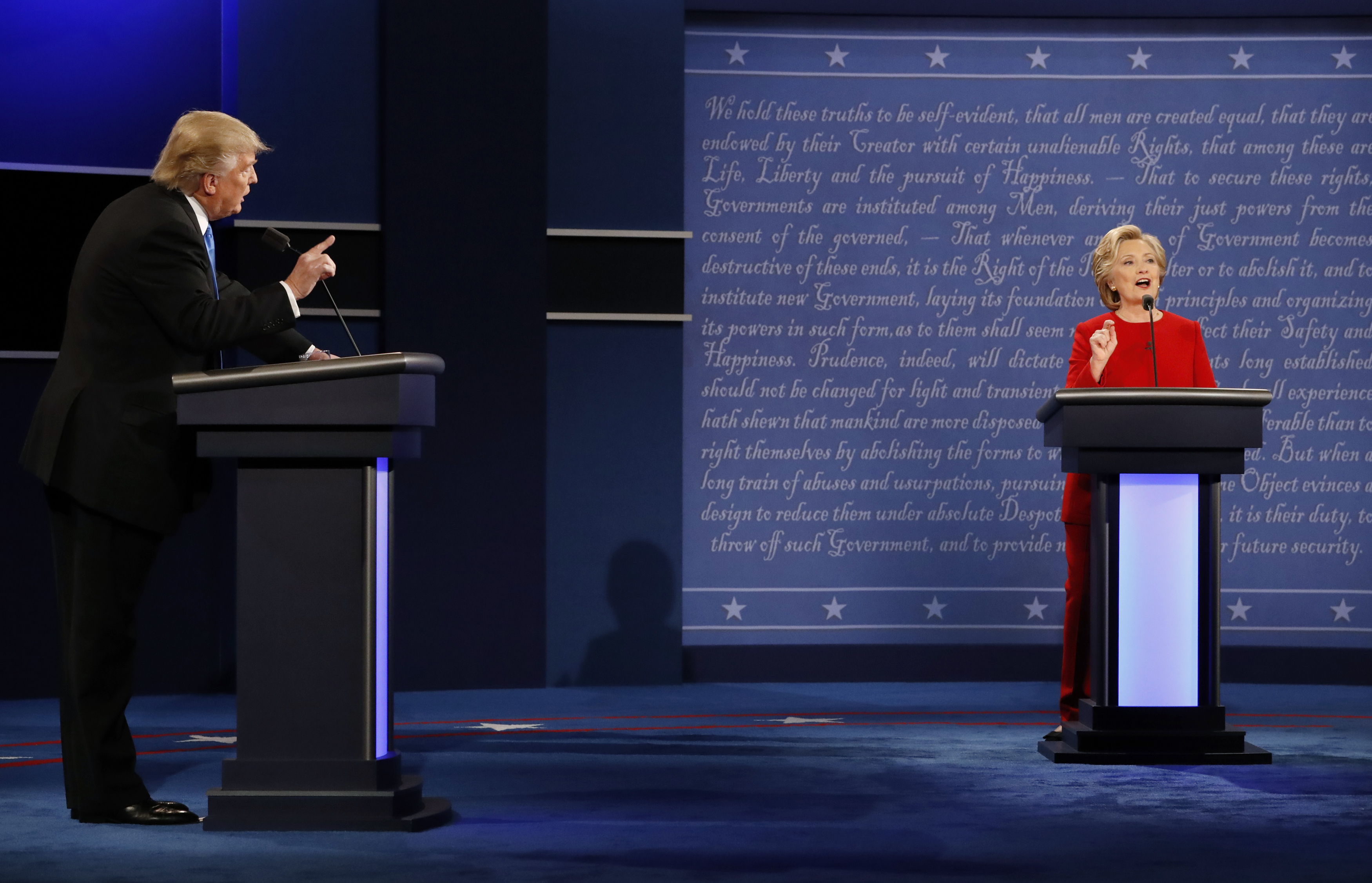 U.S. presidential nominees Donald J. Trump and Hillary Rodham Clinton debate in 2016.