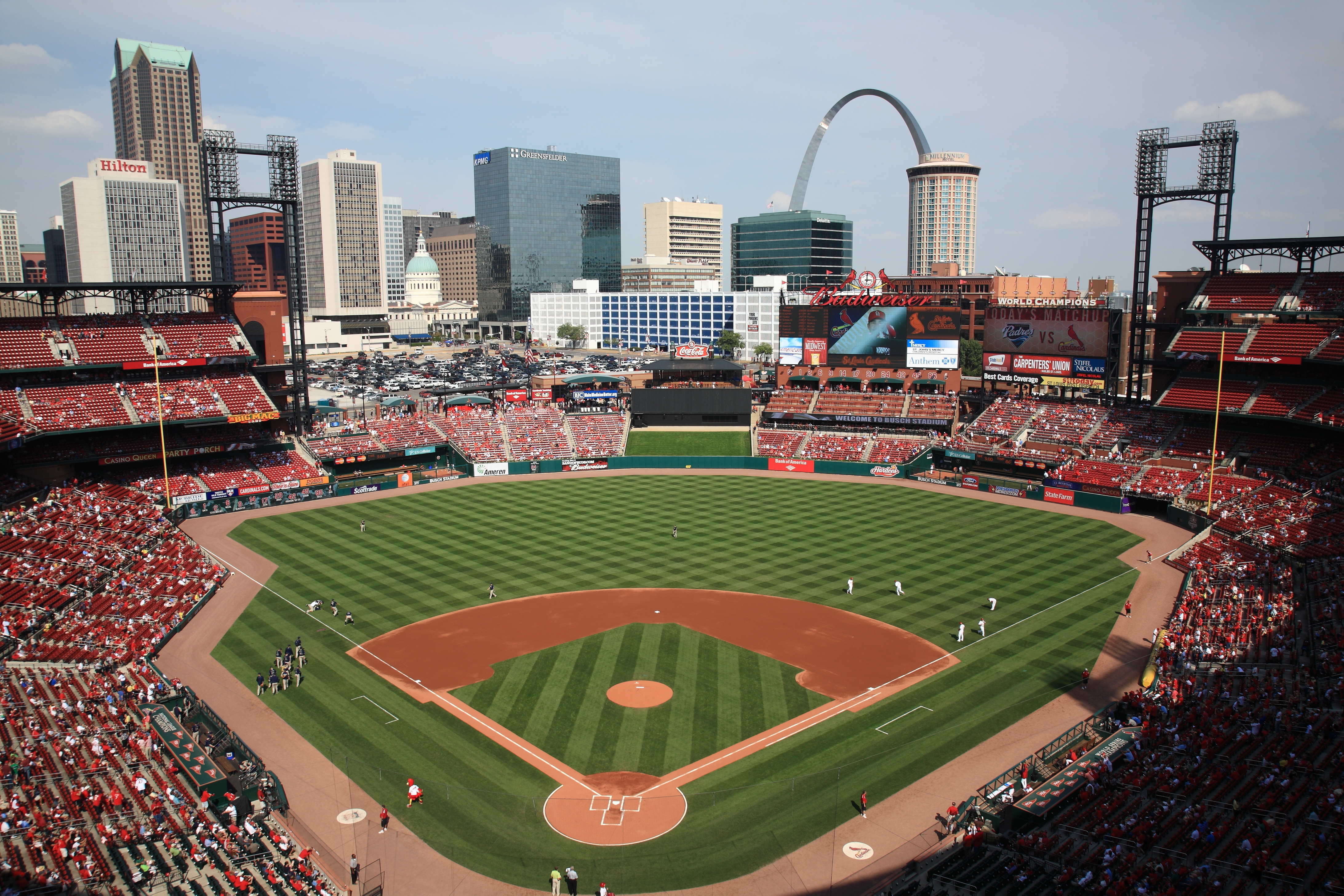 A baseball game at Busch Stadium in St. Louis, Missouri