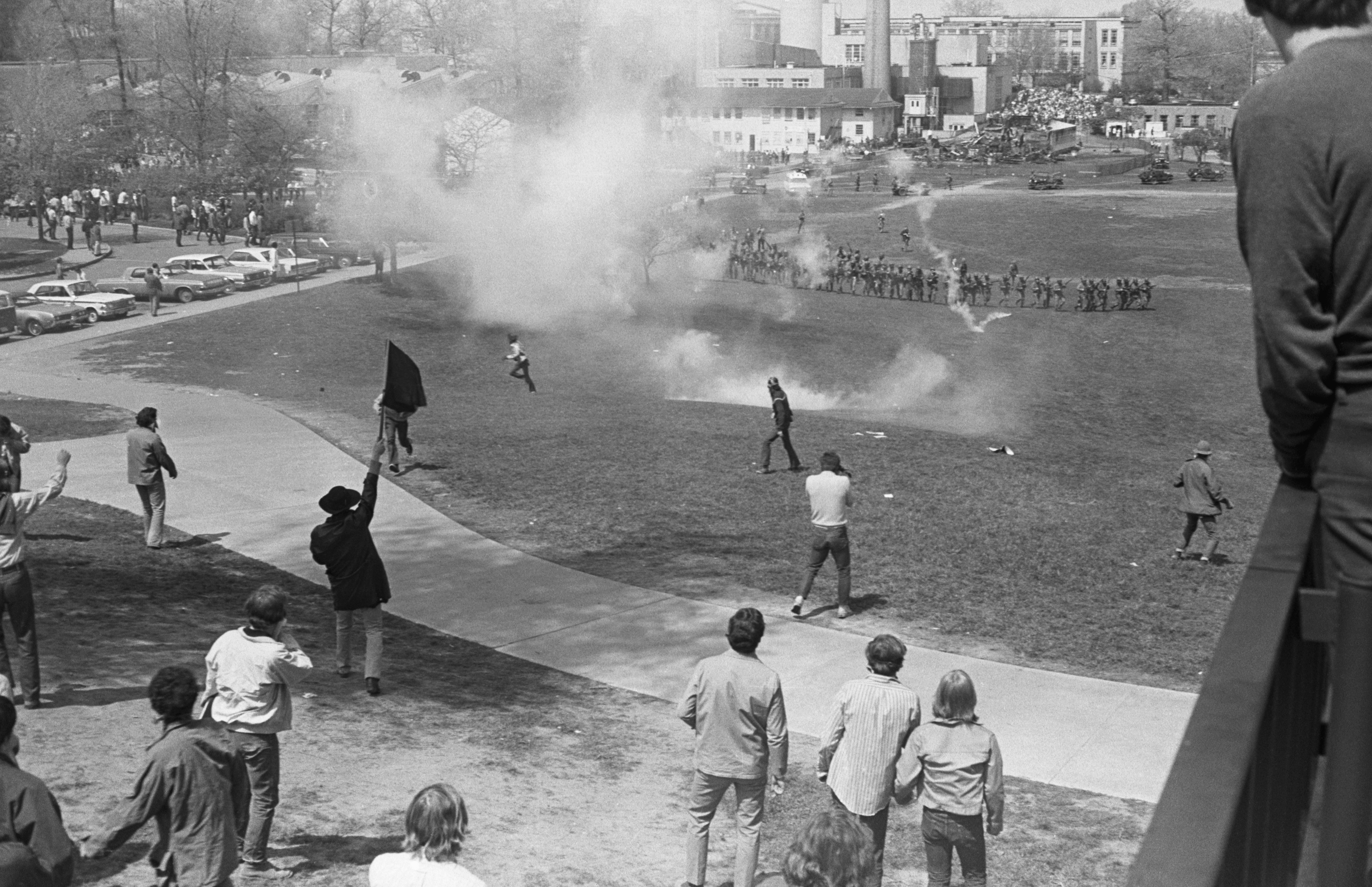 Police firing tear gas at student protesters at Kent State University on May 4, 1970