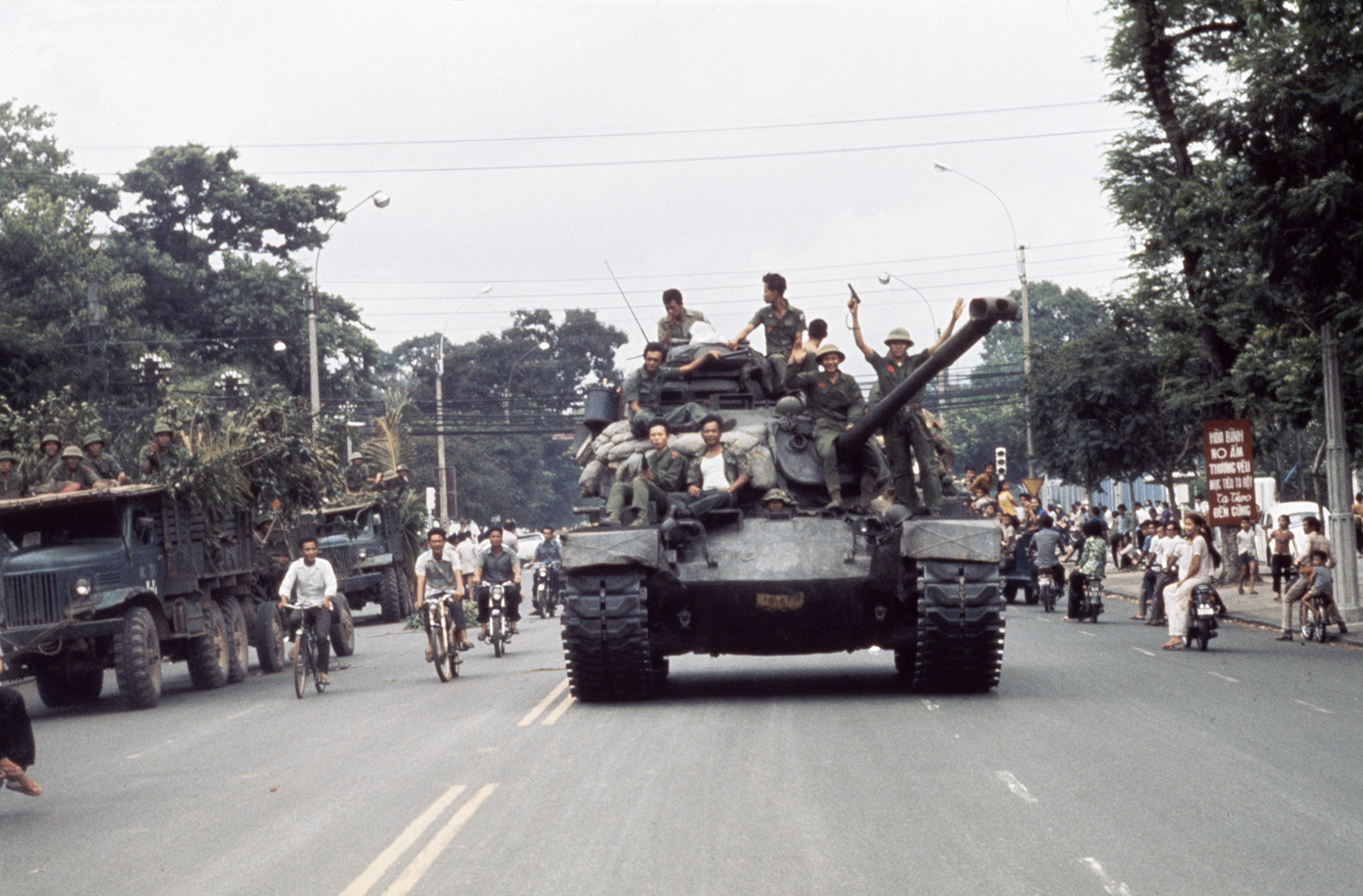 Victorious North Vietnamese troops in Saigon at the end of the Vietnam War