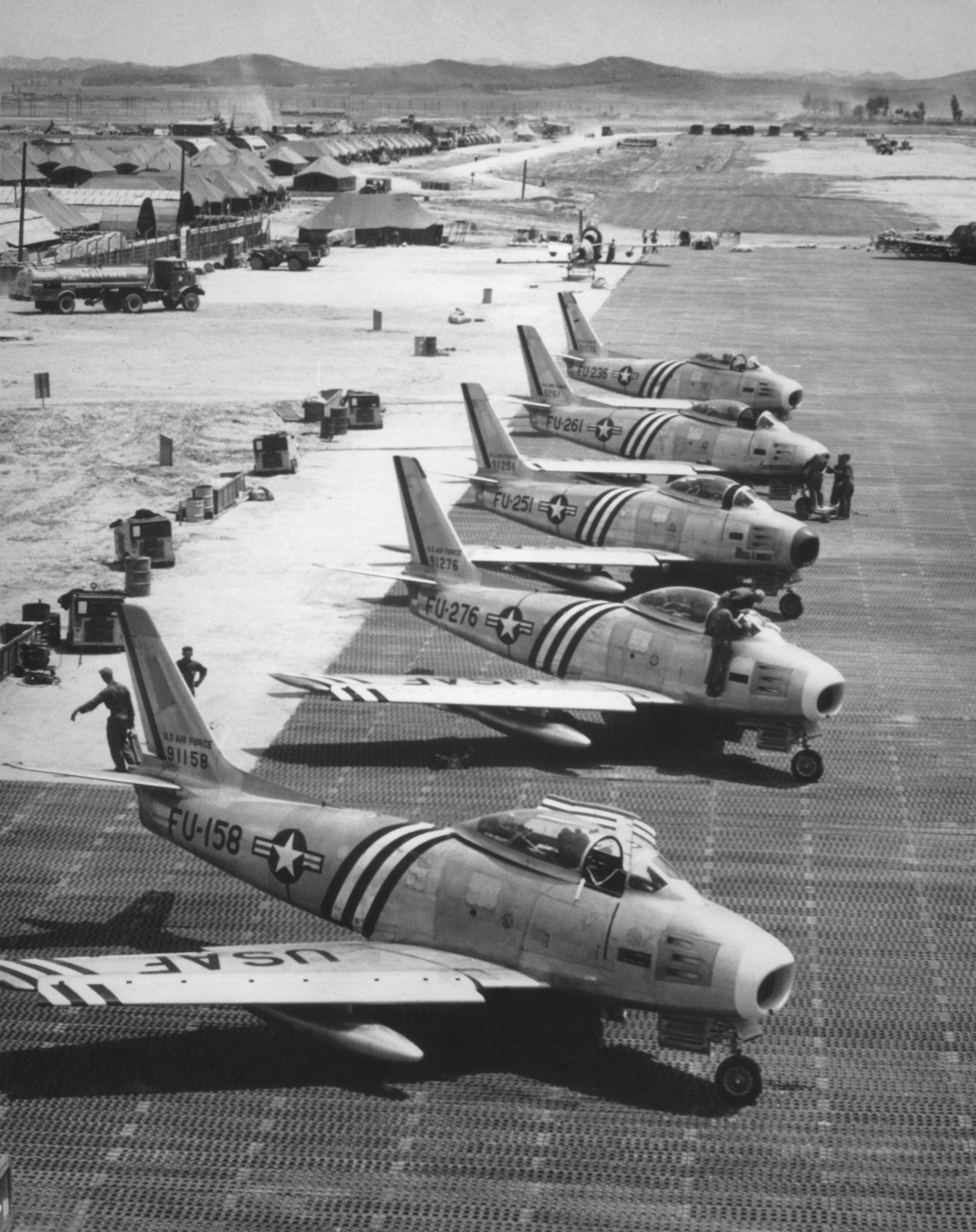 F-86 Sabre jets prepared for combat during the Korean War (1950-1953)