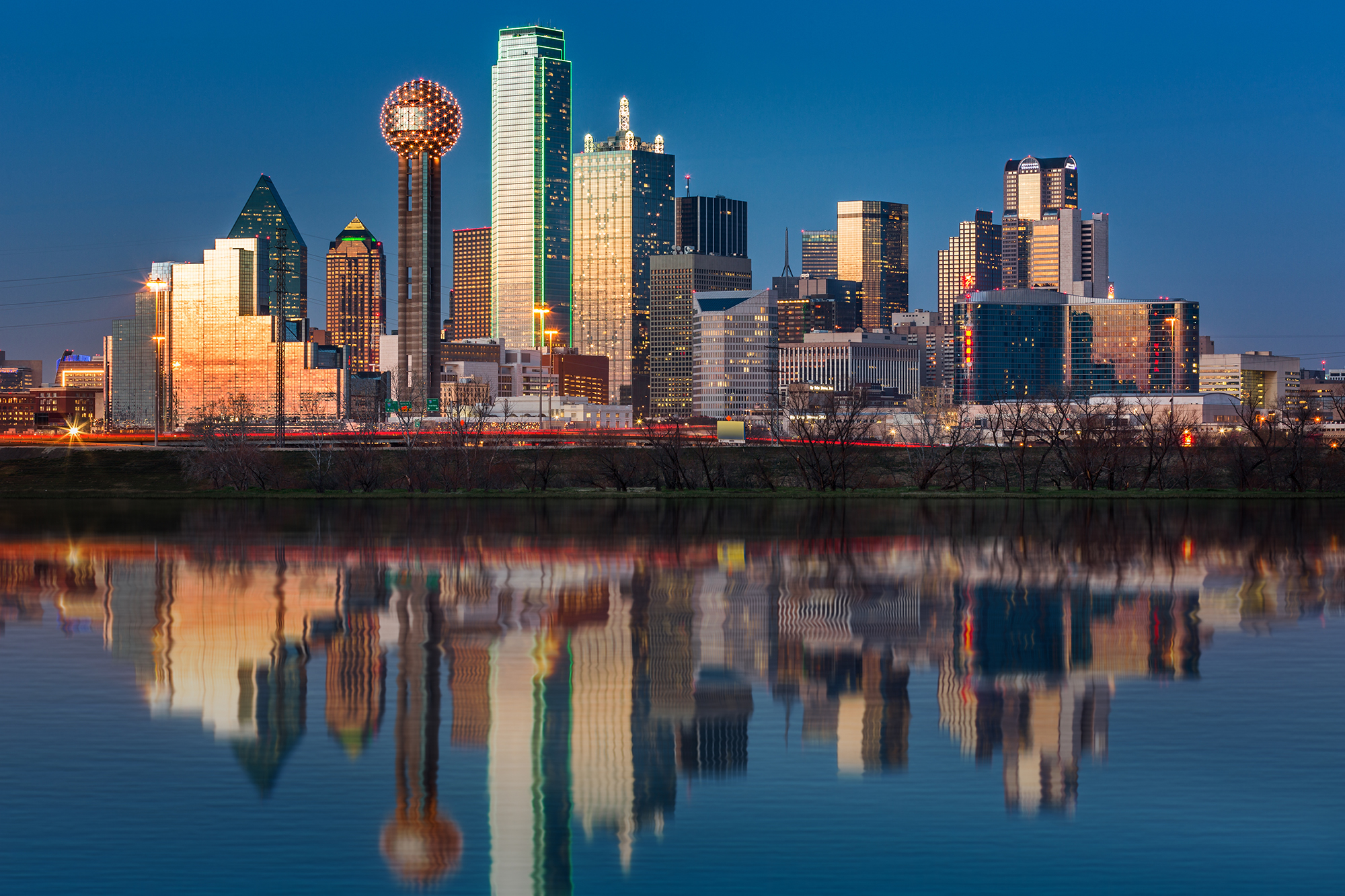 Dallas skyline along the Trinity River at sunset