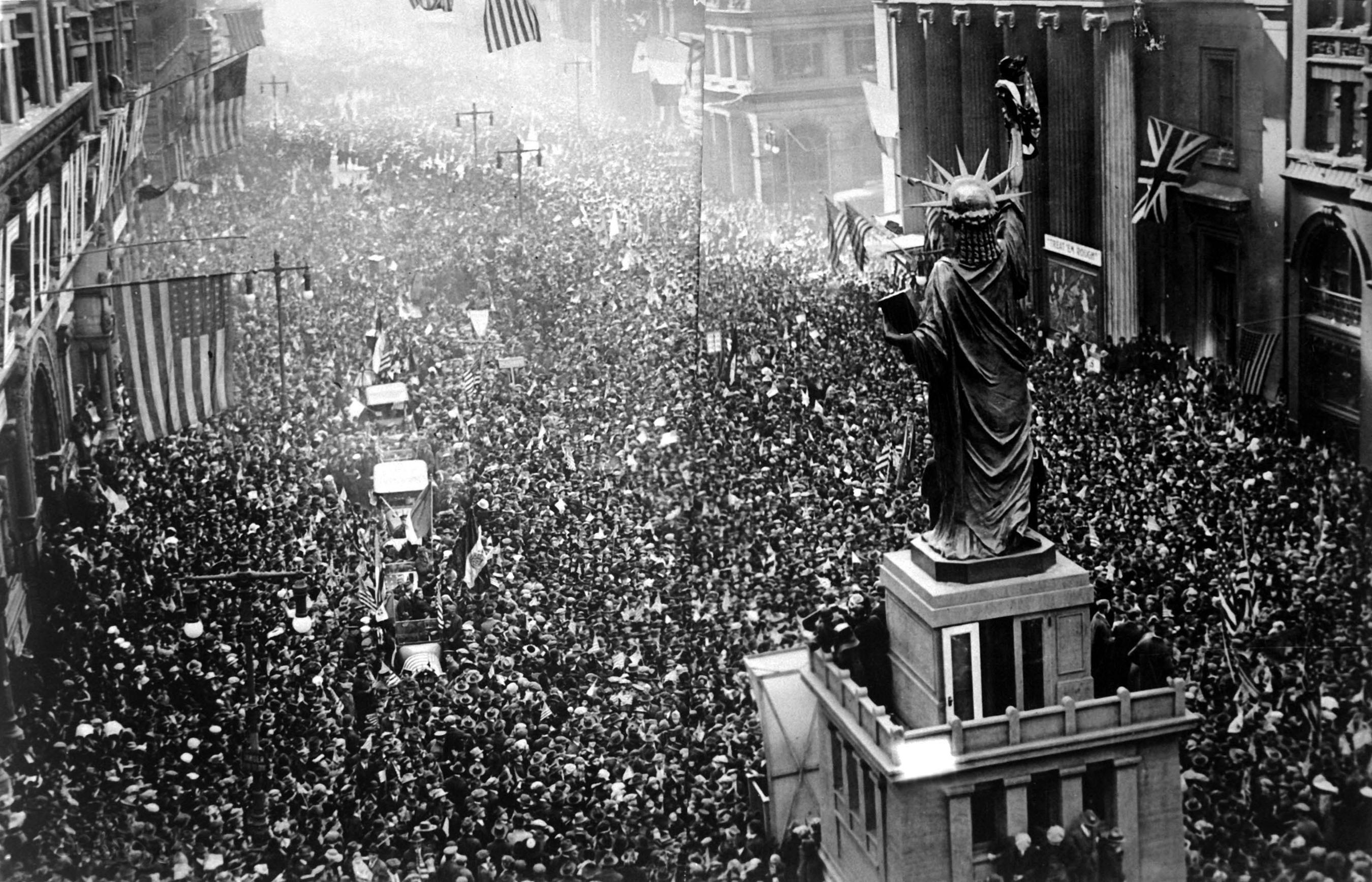 Thousands celebrate the end of World War I on Nov. 11, 1918, in Philadelphia, Pennsylvania.