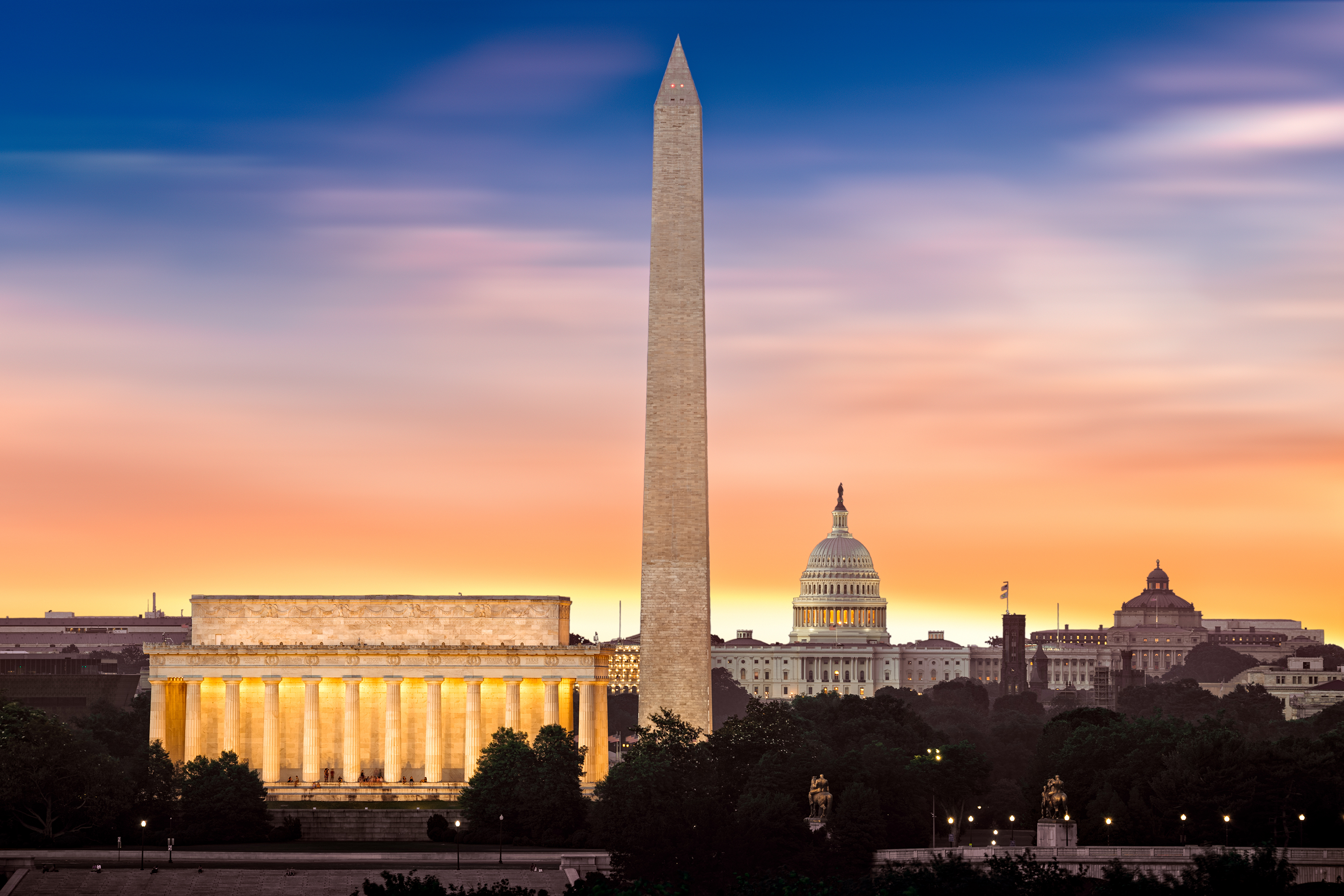 The Lincoln Memorial, Washington Monument, and Capitol Building in Washington, D.C.