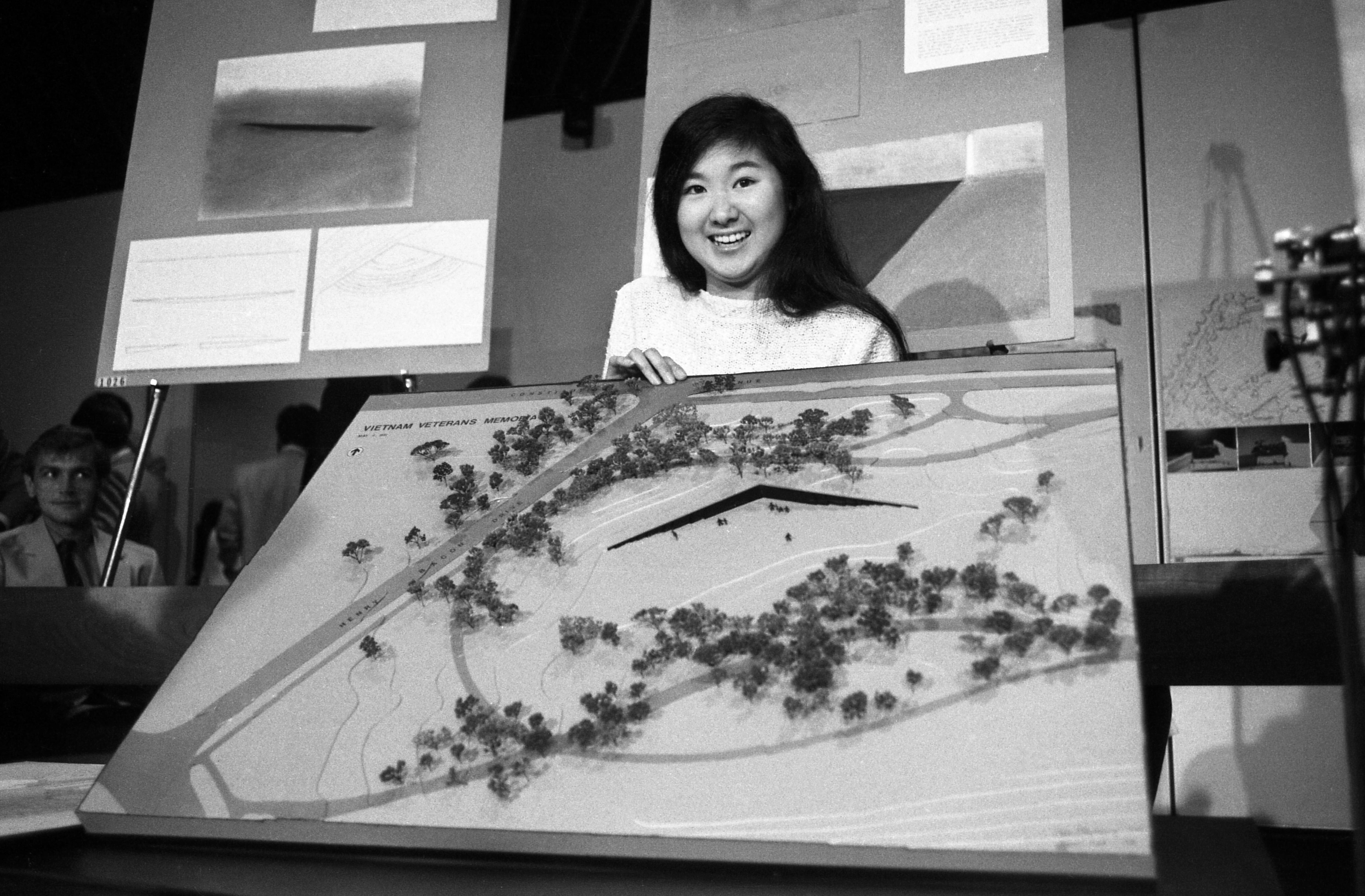 Maya Lin with her winning design for the Vietnam Veterans Memorial