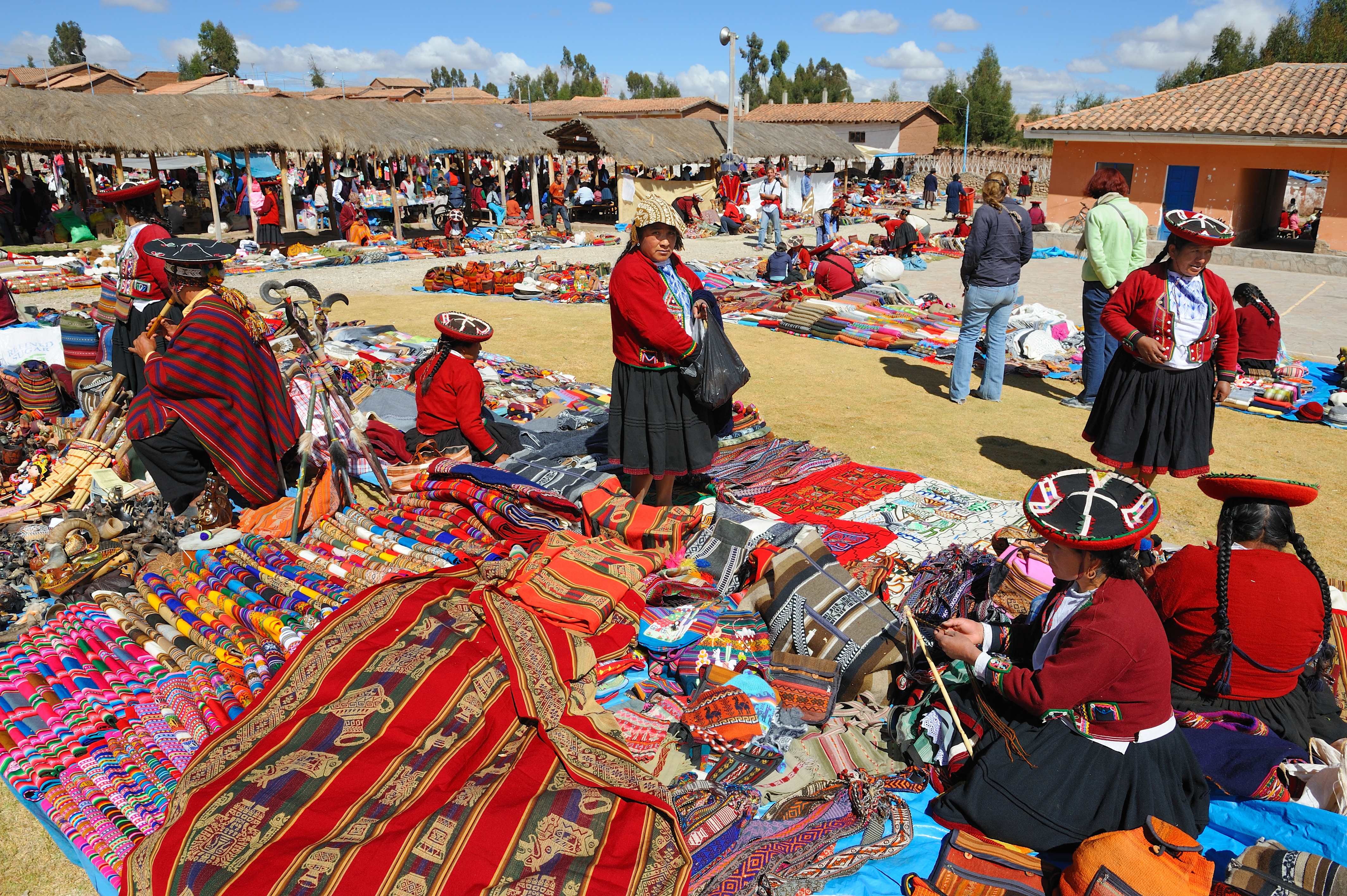 Textiles displayed at a market in Chinchero, Peru