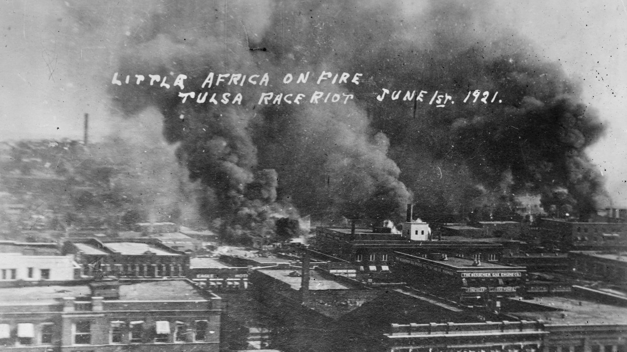 Fires burn during the Tulsa race massacre of 1921