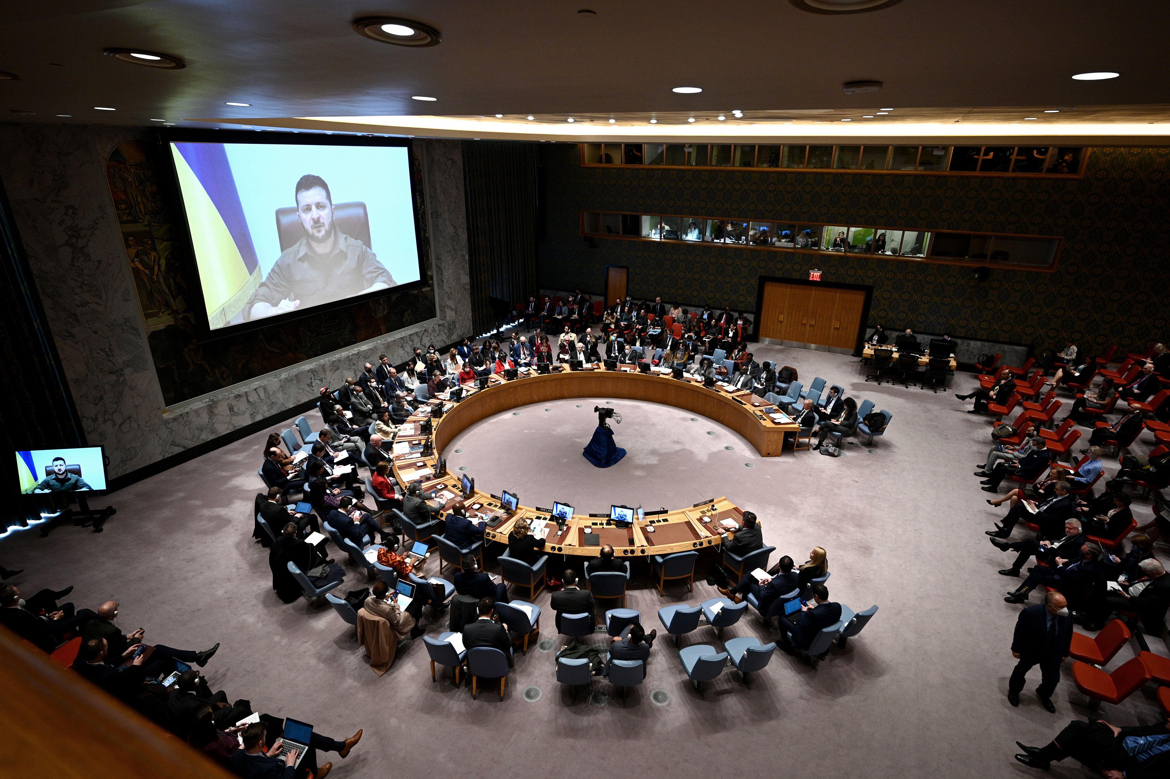 Ukraine's President Volodymyr Zelensky addressing the UN Security Council