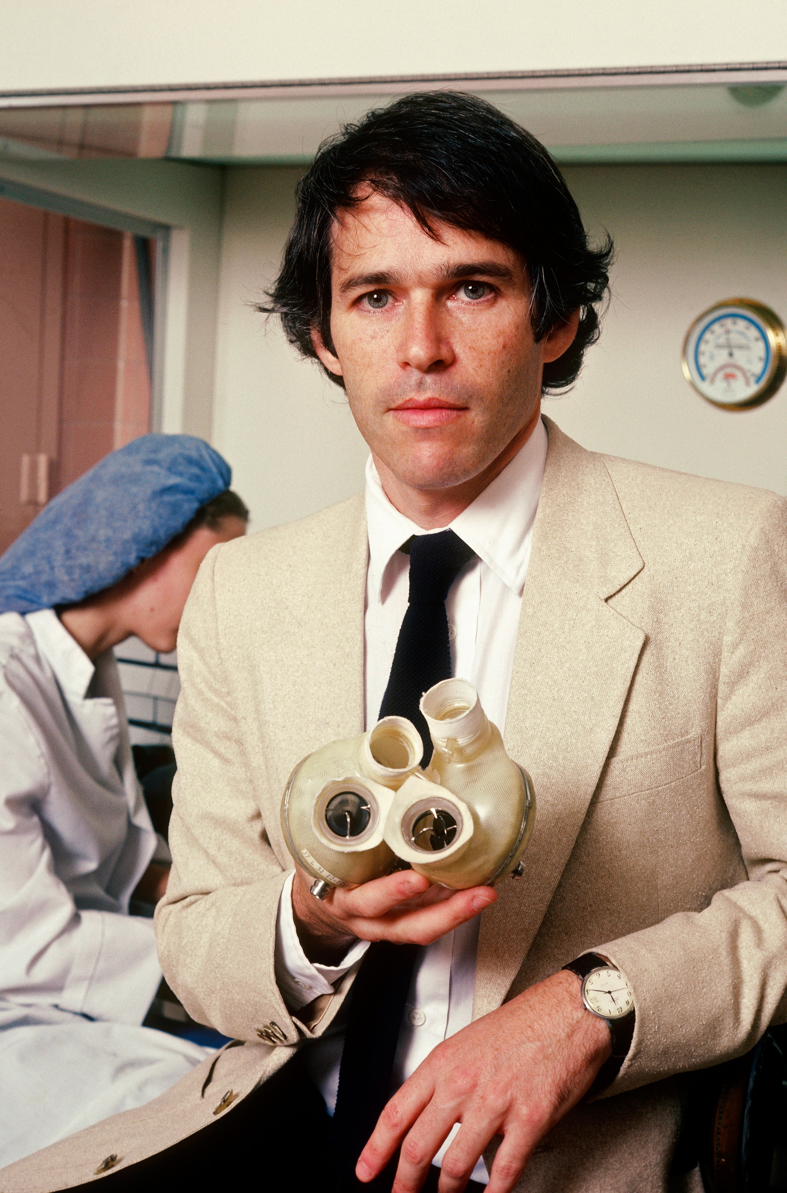 American physician Robert Jarvik with the artificial heart he invented