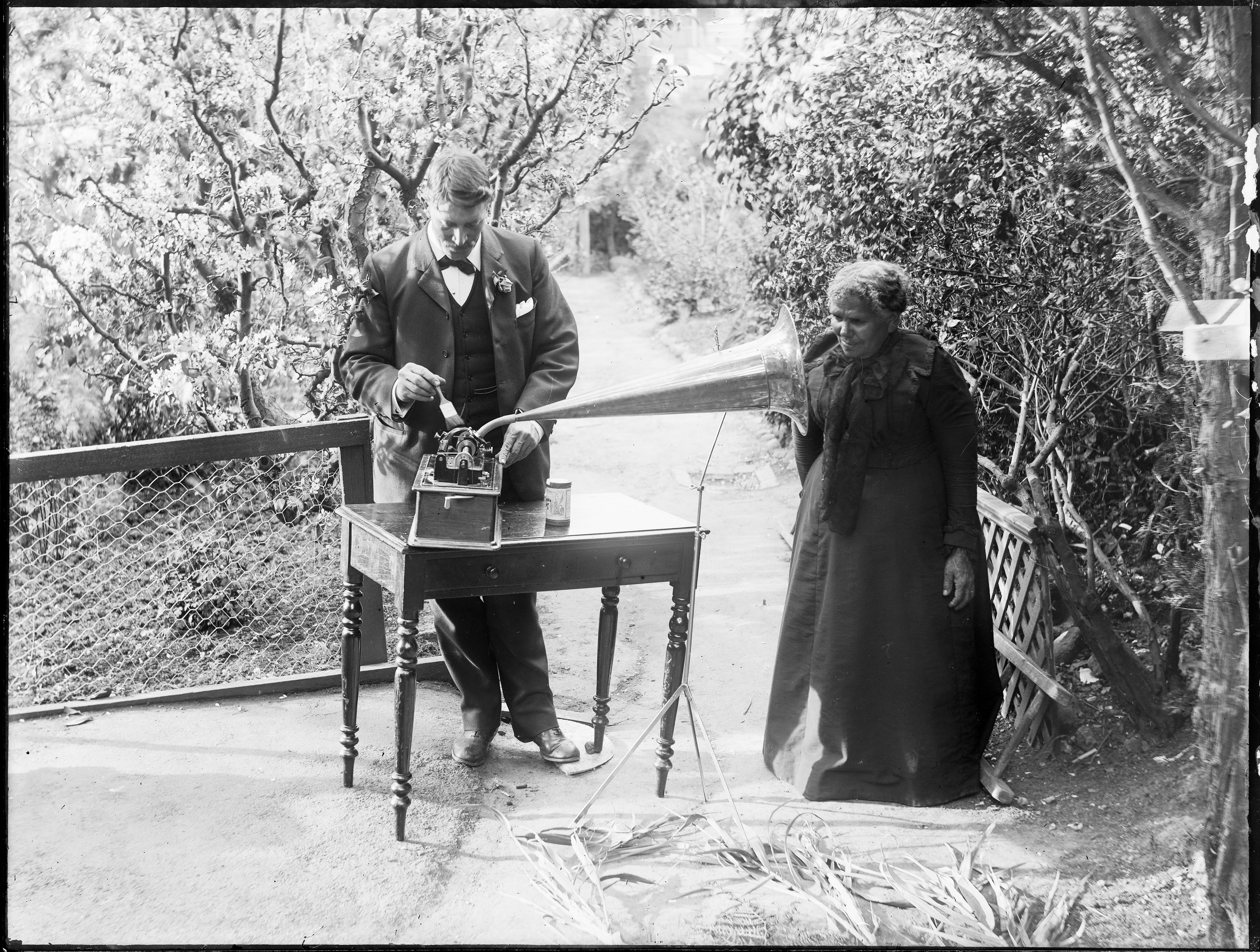 Fanny Cochrane Smith recording traditional songs of the Aboriginal people of Tasmania in 1903