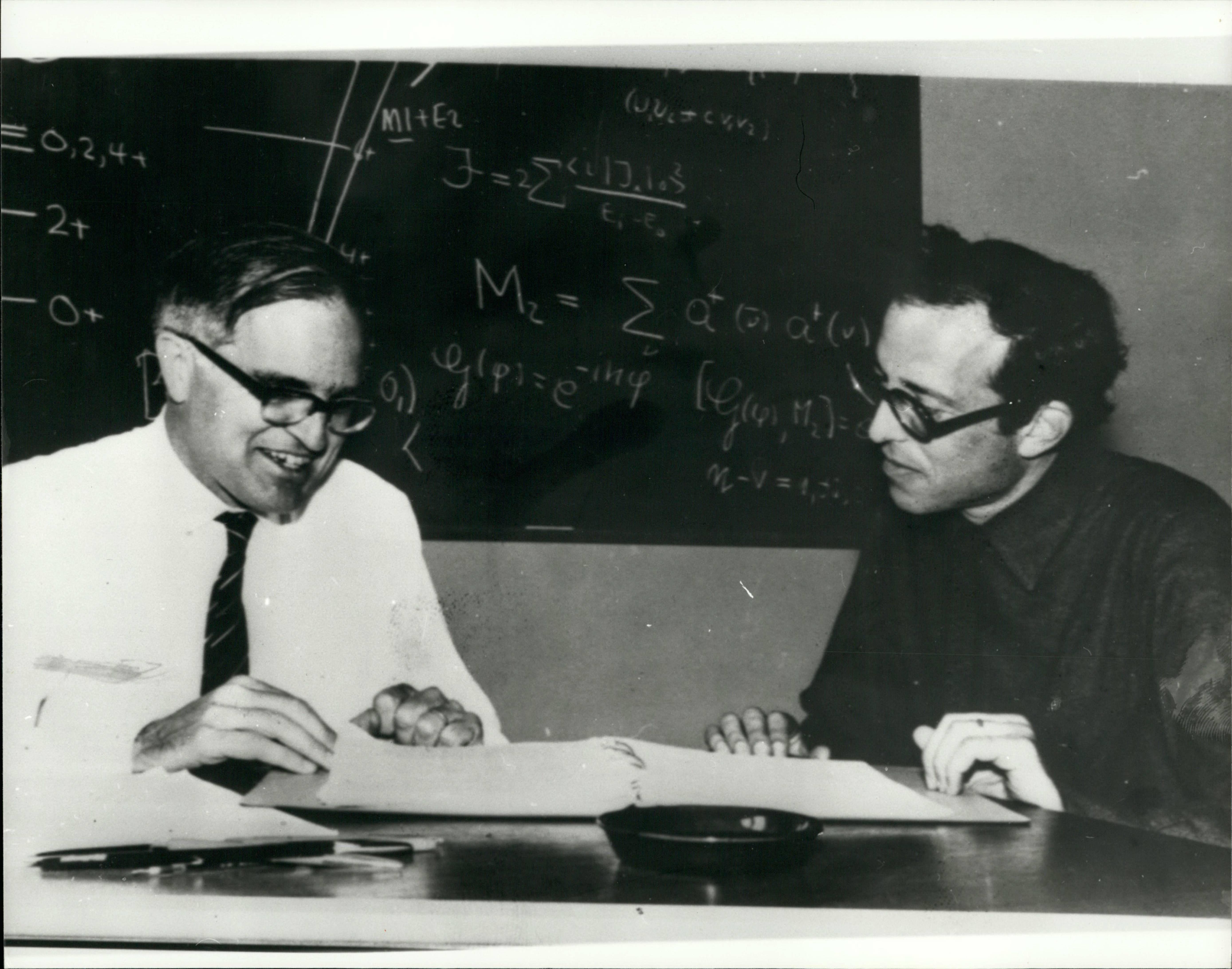 Danish physicists Ben Mottelson and Aage Bohr, winners of the 1975 Nobel Prize for physics