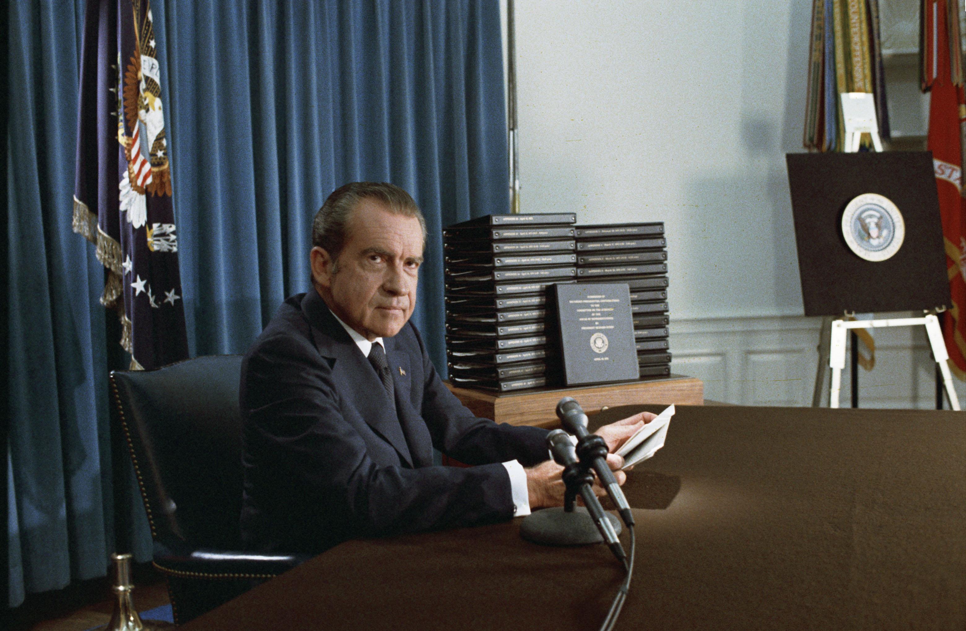 Richard Nixon gives a speech about the Watergate scandal