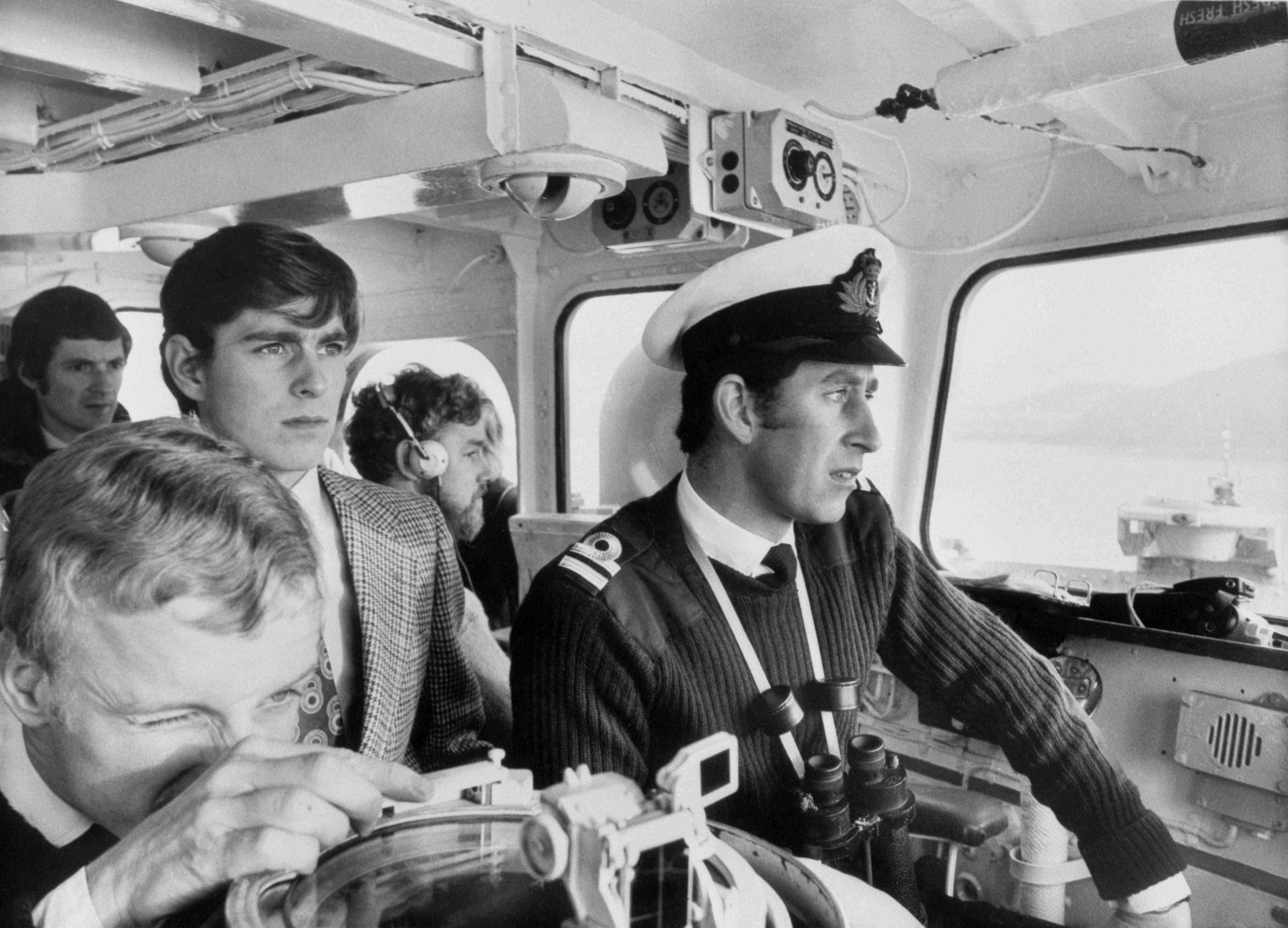 Prince Charles and Prince Andrew aboard the HMS Bronington