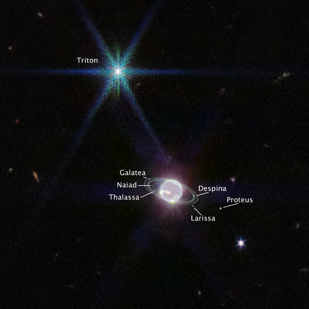 Infrared image of Neptune and seven of its moons