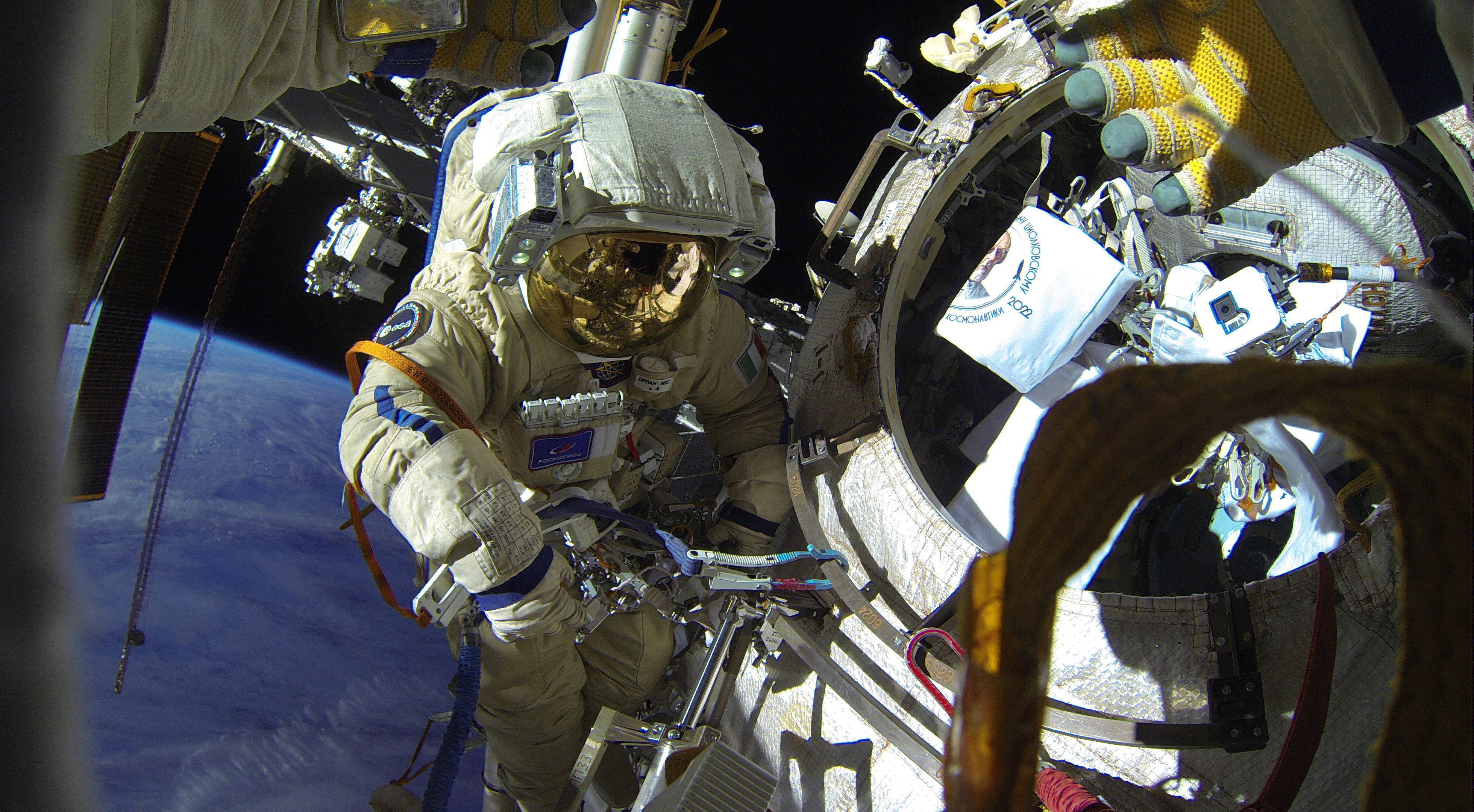 Astronaut Samantha Cristoforetti works outside the International Space Station