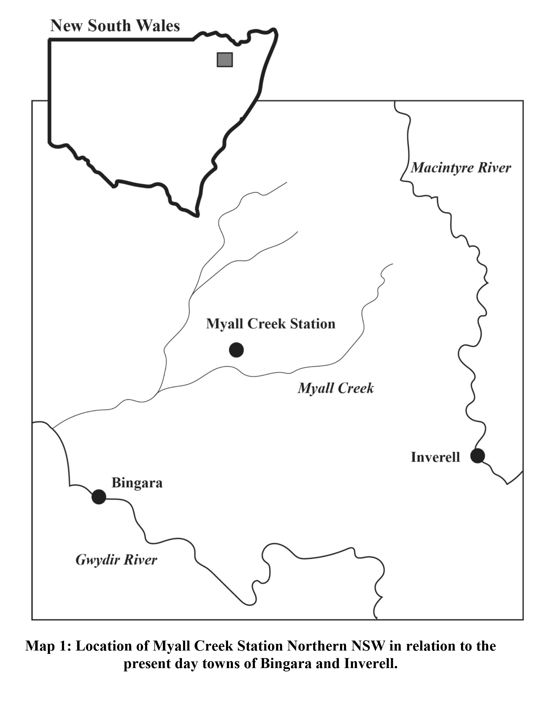 Map of Myall Creek Station, site of the 1838 Myall Creek Massacre, in New South Wales, Australia