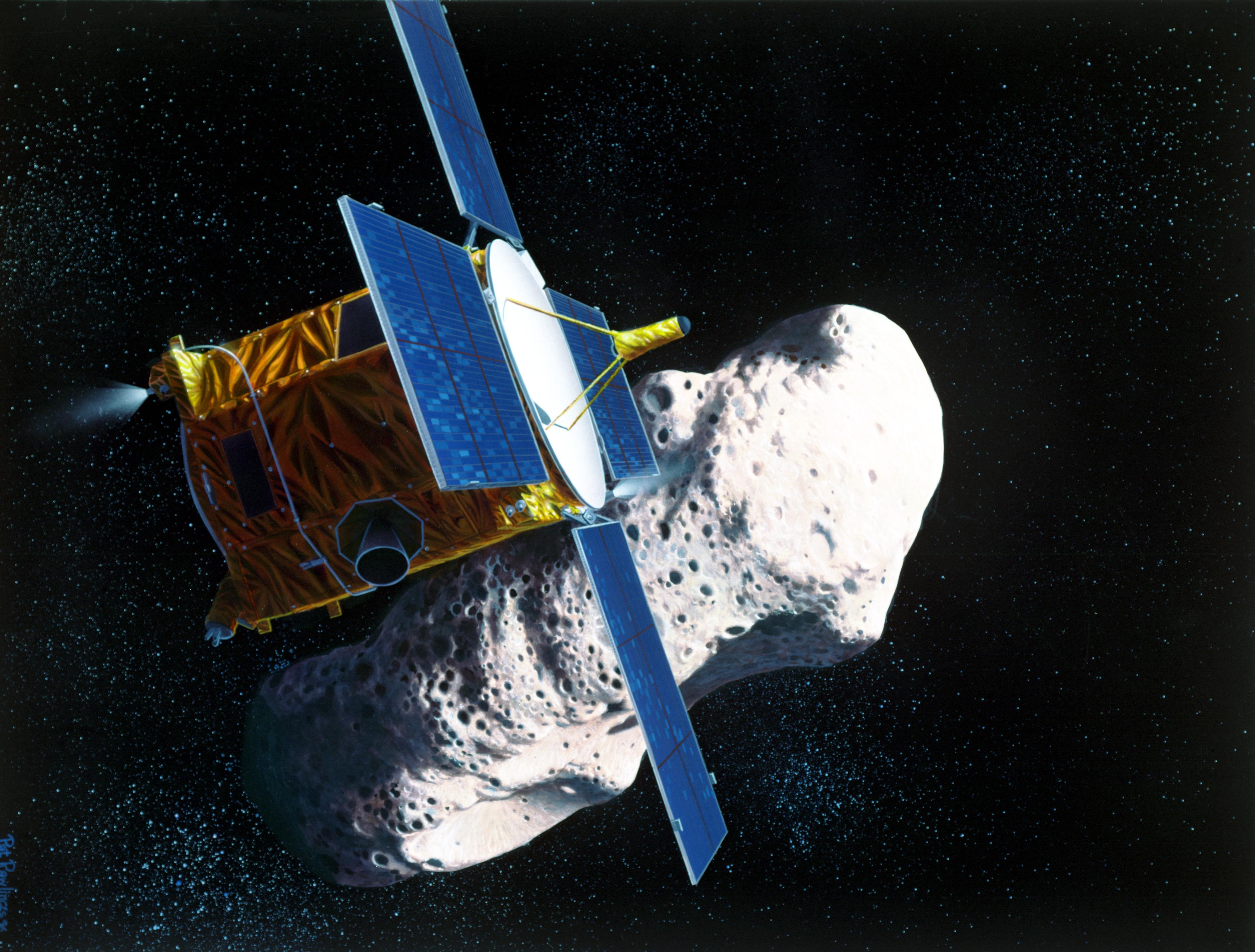 Illustration of the NEAR Shoemaker spacecraft with the asteroid Eros